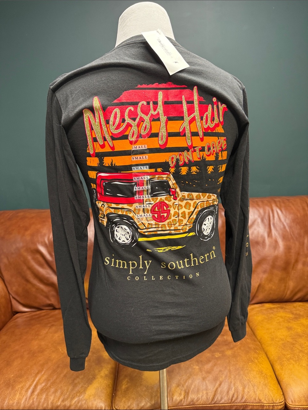 Simply Southern Black Crewneck 'Messy Hair Don't Care' Sunset Jeep Graphic